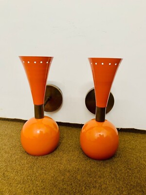 Pair of 1950s Italian Diablo Wall Sconce Shiny Orange 1950's Mid Century Brass-image
