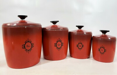 Vintage West Bend MCM Mid Century Modern Flame Orange Red Round Metal Cannister -image