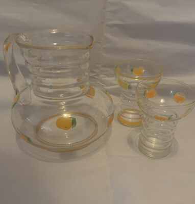 Vintage Mid Century Glass Pitcher & Cups - Hand painted Oranges- Possibly Dunbar-image