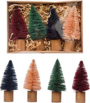 Creative Co-Op Set 4 Bottle Brush Wood Base Trees Burgundy Cream Green Blue 5