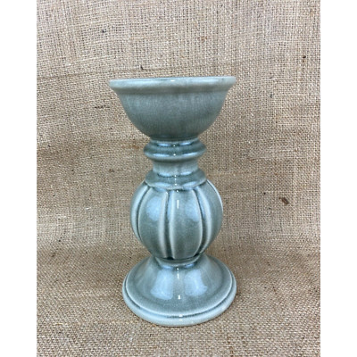 Creative Co-op Terracotta Pillar Candle Holder Gray Green Crackle Glaze-image