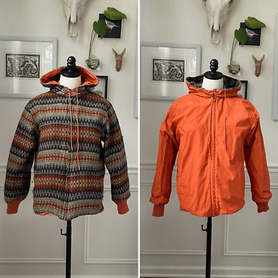 Vintage 70s Ernst Engl Reversible Hooded Coat Brown Orange Green M Unisex-image