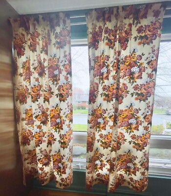 Vintage 60s pleated curtain, bold yellow orange flowers, per panel, 2 available-image