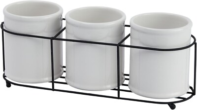Creative Co-Op Farmhouse Ceramic Crocks in Metal Holder, White and Black-image