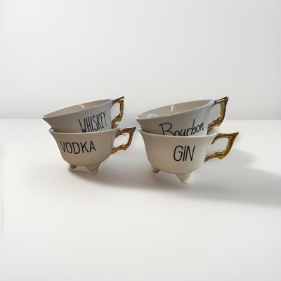 4 Creative Co-Op Stoneware Footed Teacups w/ Gold Electroplating-image