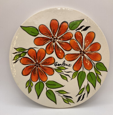 Handmade Ceramic Signed Trivet Orange Flowers Green Leaves 8 Inches In Diameter-image