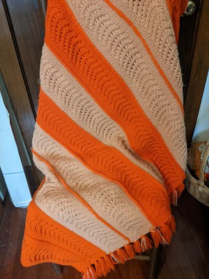 Chunky Stripe Orange and Tan with Fringe Afghan 72x58