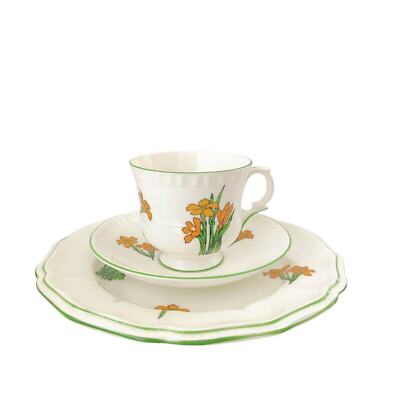 Staffordshire Devon Orange Floral Teacup Saucer Desert Plate Set of 3 Bone China-image