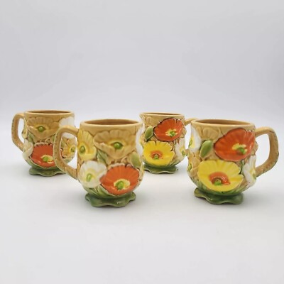 Mugs Fred Roberts Coffee Cup Poppies Yellow Orange Vintage Mid-Century Set Of 4-image