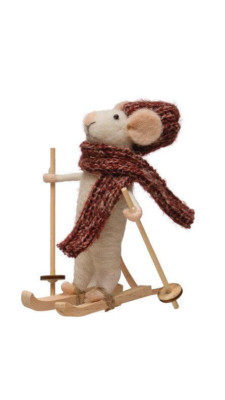 Creative Co-op - Skiing Wool Felt Mouse w/ Knit Hat & Scarf - Red - XS4052A-image