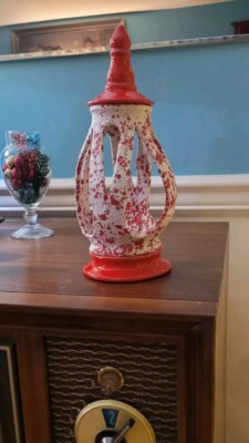 Ceramic MCM Mid Century Modern  Christmas Lantern Candle Holder 50's  Orange Red-image