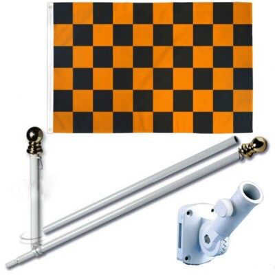 Black Orange Checkered 2 x 3 FT Flag + 6 Ft Spinning Tangle Free Pole + Bracket -image