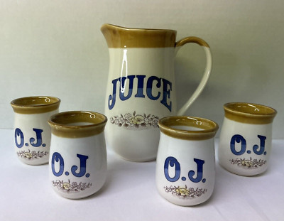 Mid Century Orange Juice Pitcher & Four Tumblers Mugs Glasses Vintage Cottage-image