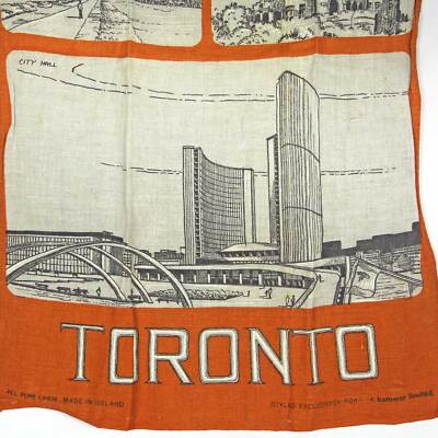 Vintage Toronto Tea Towel, Mid Century Modern, Pre-CN Tower, Orange Irish Linen-image