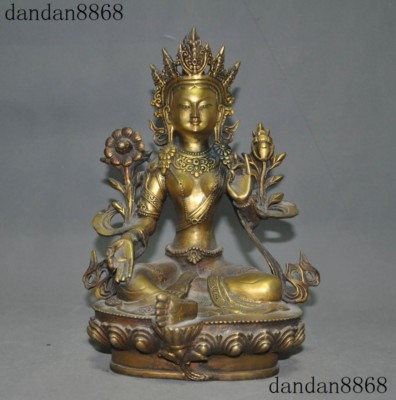 Old Tibetan Buddhism Joss Bronze Gilt Green Tara Guanyin Kuan Yin Buddha Statue-image
