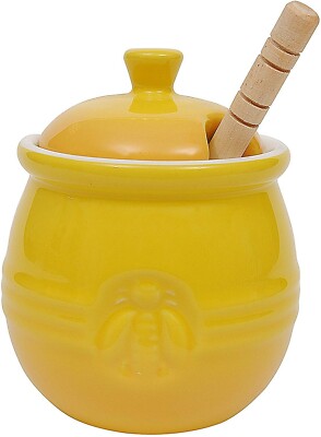 Creative CoOp DA4177 Pot with Lid and Wood Honey Dipper Yellow-image