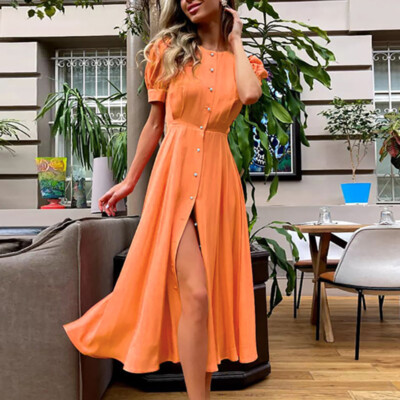 Women's Dress Summer New Solid Temperament High Waist Split Mid-length Dress-image