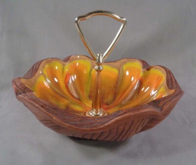 Vintage Mid Century Modern Candy Nut Bowl Orange California Pottery 712 USA-image