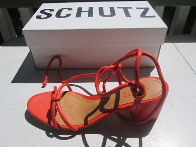 NIB Schutz Nicky Mid Nappa Sandals 9B Orange Strappy Block Heels Ankle Wrap Tie-image