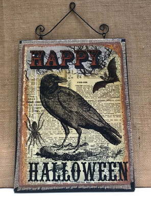 HALLOWEEN ART BOARD OF CROW  SPIDER  BAT BURLAP 16” x 12” x 1/2”  CREATIVE COOP-image