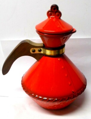 Vintage Mid Century Orange Porcelain Enamel Coffee Pot-image