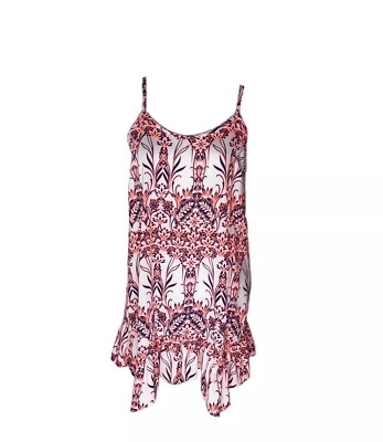 Aqua Orange Blue Ikat Spaghetti Strap Shift Dress Ruffle Edge Size Small-image