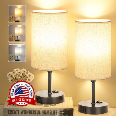 2 Lamparas De Mesa De Noche Luces Retro Gris Con Puerto USB Sala Dormitorio Coci-image