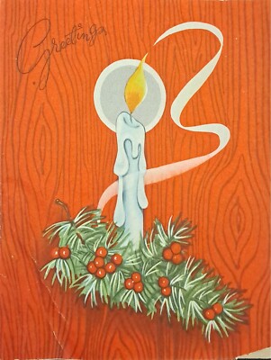 Vintage Christmas Card - Glowing Candle Pine Holly Orange Woodgrain Mid Century-image