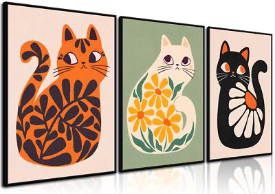 3Pcs Boho Cats Wall Art Mid Century Modern Orange Canvas Cats Prints Vintage ...-image