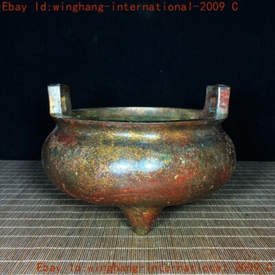Mark Chinese Buddhism temple bronze Gilt Joss Incense burner Censer statue-image