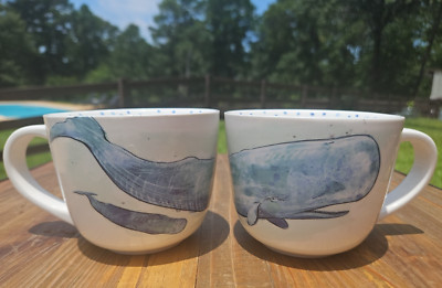 2 CREATIVE CO-OP  Large Mugs with Blue Whales and Polka Dots by Chad Bennett EUC-image