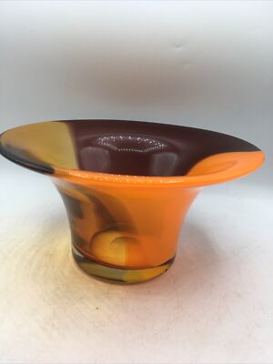 Vtg Art Glass Bowl Orange Purple Mcm Halloween 8.5x4.5”-image