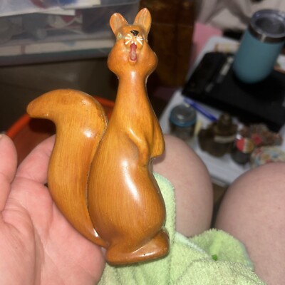 Vintage Faux Wood Squirrel Wooden Figurine Orange Gem Eyes Funky MCM Mid Century-image
