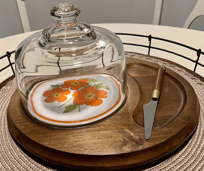 Mid Century Orange Poppy Domed Wooden Cheese/Charcuterie Board w/Chained Knife-image