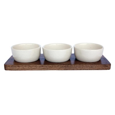 Creative Co-op Mango Wood Tray with 3 Ceramic Bowls-image