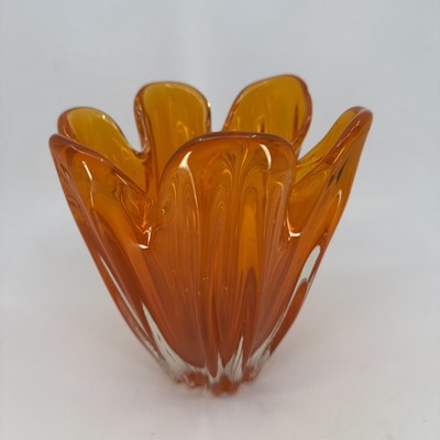 Vintage Mid Century 19cm Orange Art Glass Vase, Japan Iwatsu Hineri? MCM-image