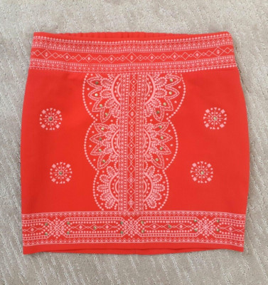 Soulmates Women's Sz S Bright Orange Paisley Floral Studded Boho Pull On Skirt-image