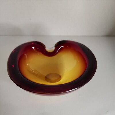 Mid Century Modern 1960s Thick Murano Red/Orange Pinched Trinket Bowl, Ashtray-image