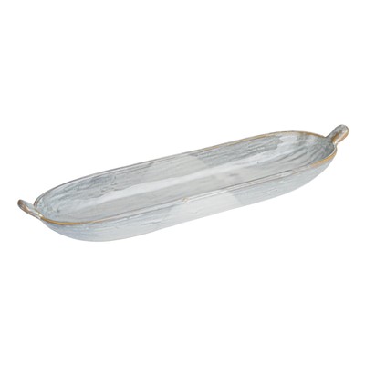 , White Long Stoneware Dish with Reactive Glaze, Large-image