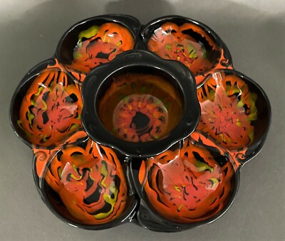 Vintage Mid Century California USA Pottery Lazy Susan Serving Set Black Orange-image