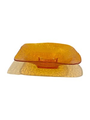 Mid Century Mod Style Shallow Bowl Glass Dish Orange Geometric Square Design-image