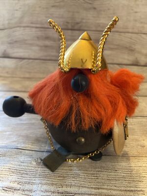 Mid Century Modern Wood And Orange Fur Viking Figure Denmark 8.5x8”-image