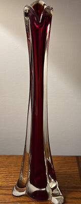 MCM 60s Glass Art Red Orange Bud Vase 13” Mid Century-image