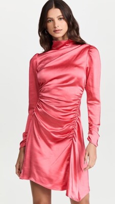 A.L.C. NWT JOSS Dress MockNeck Satin Ruched Long Sleeve in Hibiscus Sz 0 $450.00-image
