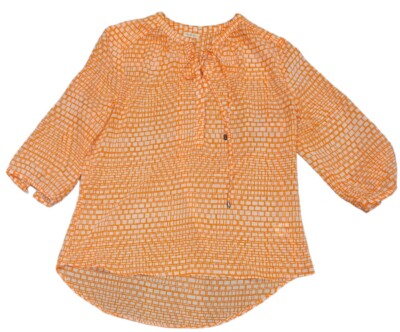 Antilia Femme Large Orange Sheer Blouse Mid Sleeve Bright With A Tie Collar-image