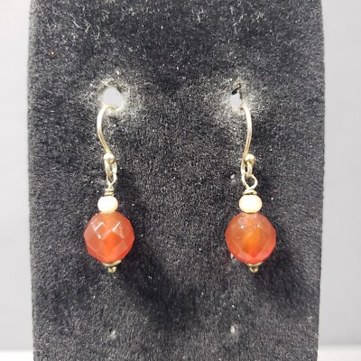 Dangle Beaded Earrings Silver Tone Orange Glass Mid Century Modernist Boho 1