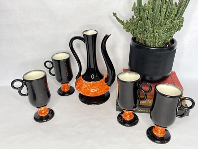 Vtg 1970s MCM Ceramic Pitcher Cups Set Speckle Splatter Drip Orange Black-image