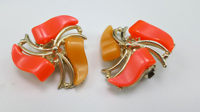 Mid-Century Red and Orange Thermoplastic Funky Clip On Earrings-image