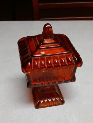 Vintage Jeannette Red/Orange Wedding Compote Candy Dish, Square Pedestal-image