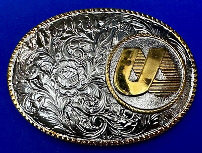 UA Company Logo Floral Flower Design Gold & Silver Tone Vintage Belt Buckle-image